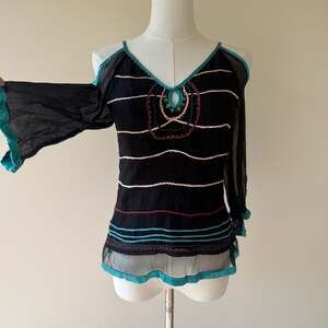 Vintage Y2K Deadstock NWT Black 100% Silk Embroidered Beaded Blouse